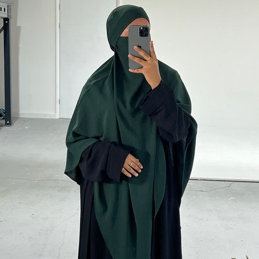 Bottle Green Crepe Khimar with Niqab Ties