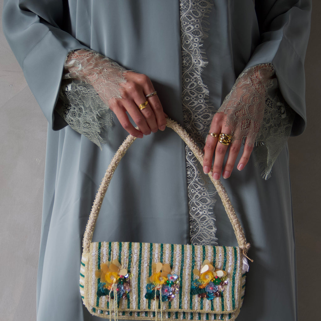 Sage green laced abaya with sheila scarf