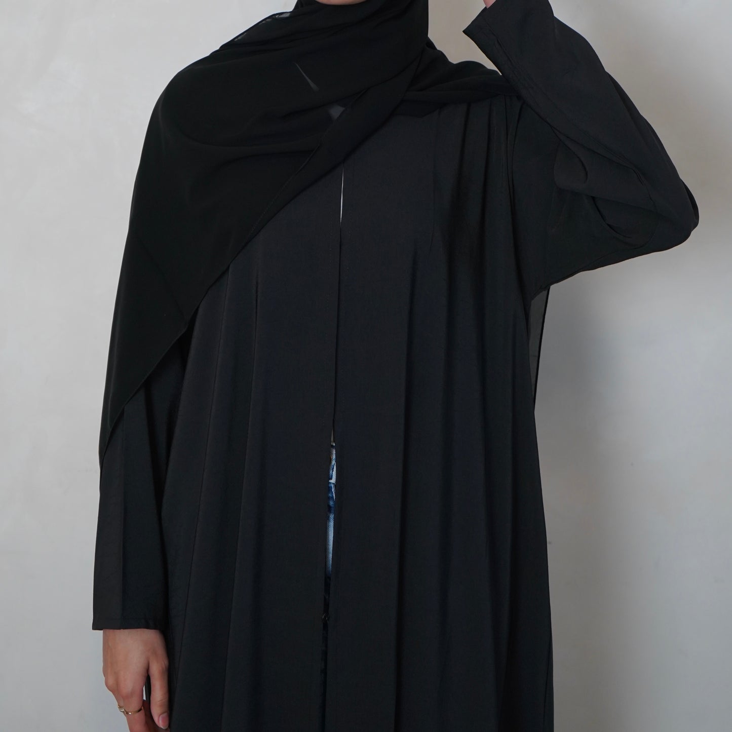 Textured Black Open Abaya with Scarf