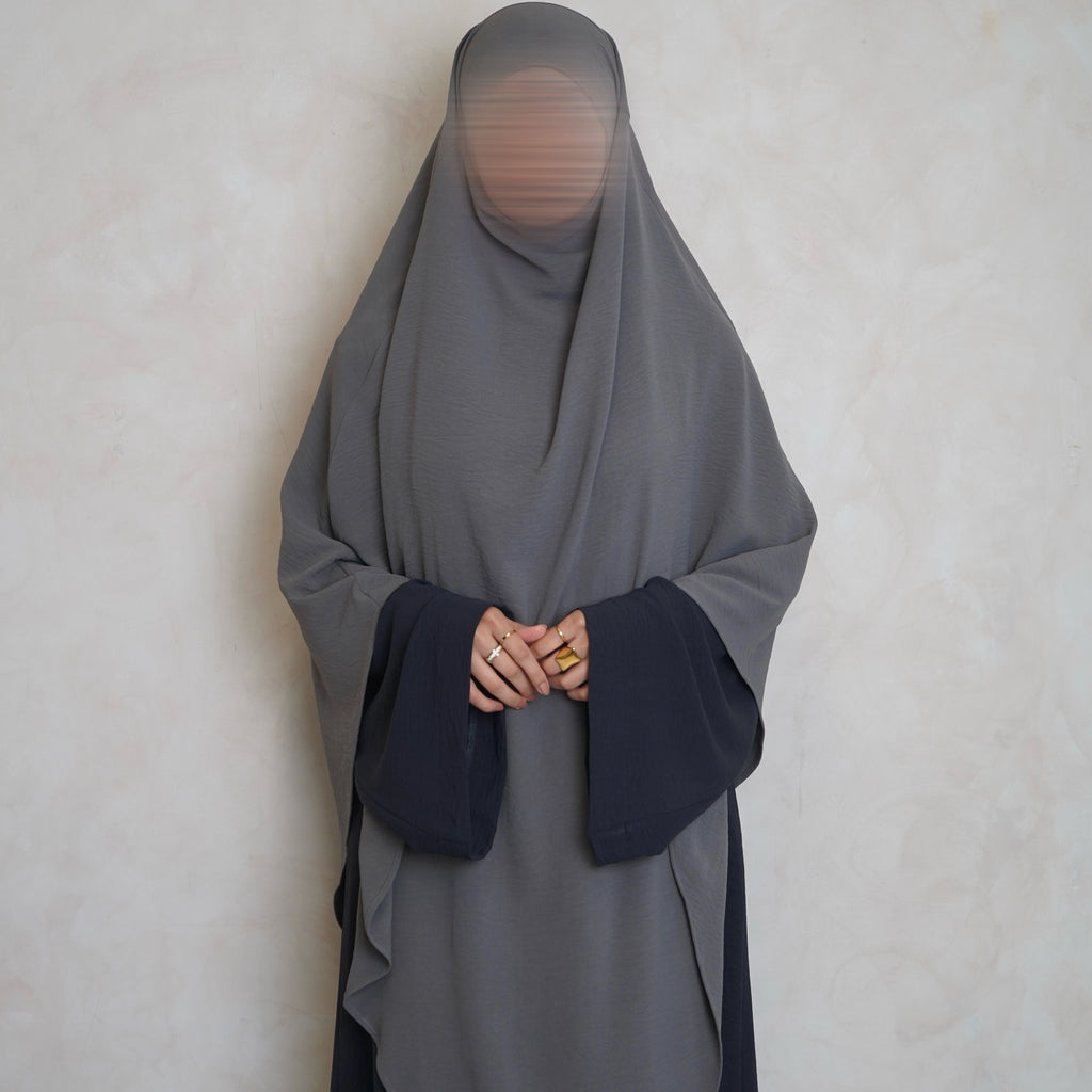 Extra Long Crepe Light Grey Khimar with Niqab Ties