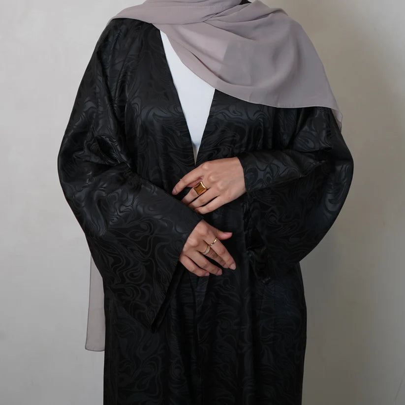 Jacquard Open Abaya with Marble Print